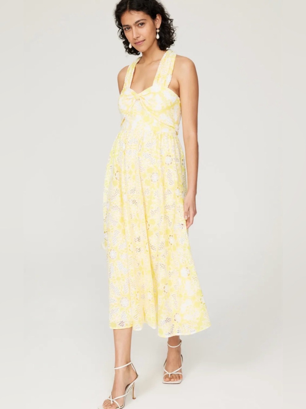 Badgley Mischka Yellow Lace Embroidered Eyelet Midi Dress Summer Floral Dress